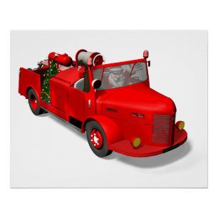 Póster Papá Noel que conduce un coche de bomberos