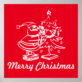 Póster Papá Noel Rojo con árbol de Navidad