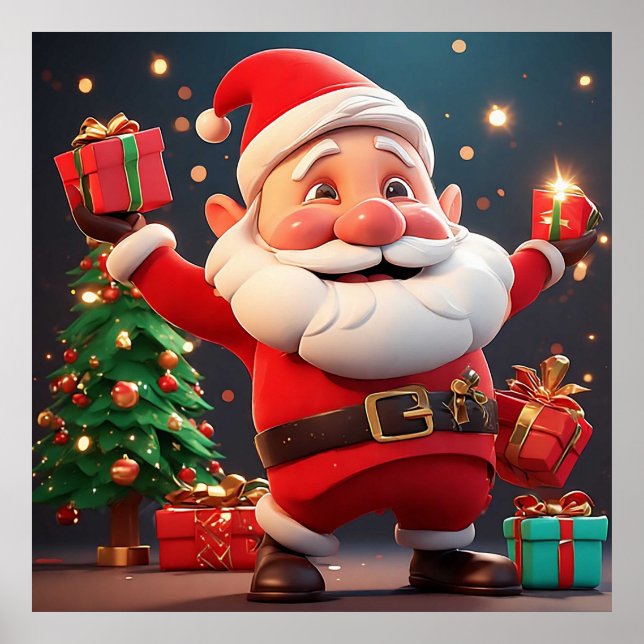 Póster Papá Noel sosteniendo regalo (Frente)