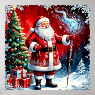 Póster Papá Noel sosteniendo un bastón mágico