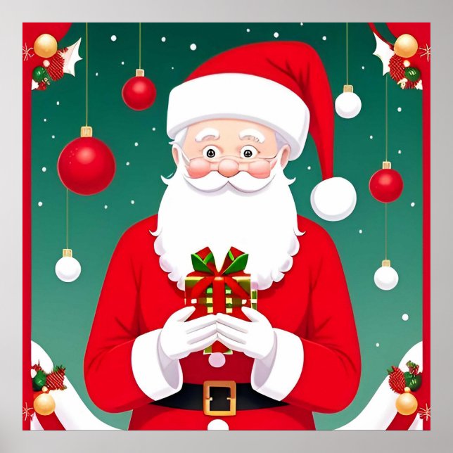 Póster Papá Noel sosteniendo un regalo (Frente)