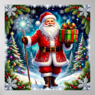 Póster Papá Noel sosteniendo un regalo en medio de un inv