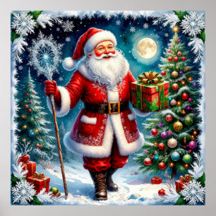 Póster Papá Noel sosteniendo un regalo en una Navidad mág