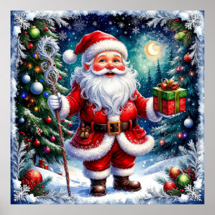 Póster Papá Noel sosteniendo un regalo en una Navidad mág
