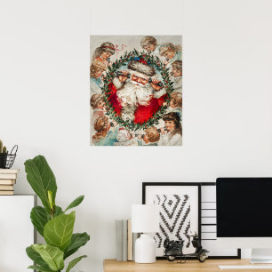 Póster Papá Noel victoriano en el teléfono con niños