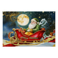 Papá Noel Vintage en Sleigh, luna llena, estrellas