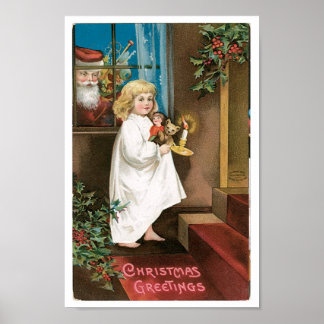 Póster Papá Noel vintage mirando por la ventana al chica