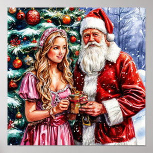 Póster Papá Noel y Doncella de Nieve Navidad Festiva