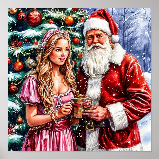 Póster Papá Noel y Doncella de Nieve Navidad Festiva (Frente)