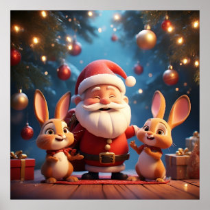 Póster Papá Noel y dos conejos alegres