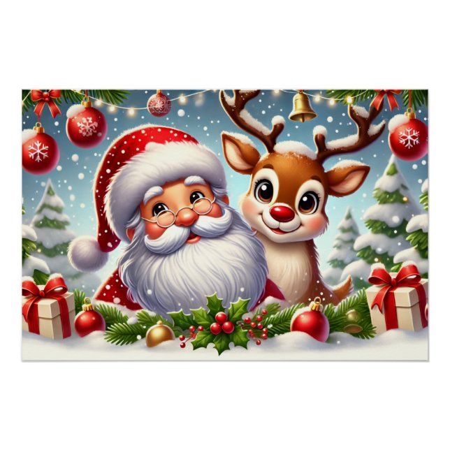 Póster Papá Noel y los renos en la Navidad Snowy (Anverso)