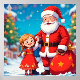 Póster Papá Noel y niña con una bolsa de regalos