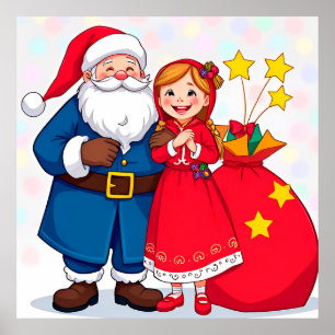 Póster Papá Noel y niña con una bolsa de regalos