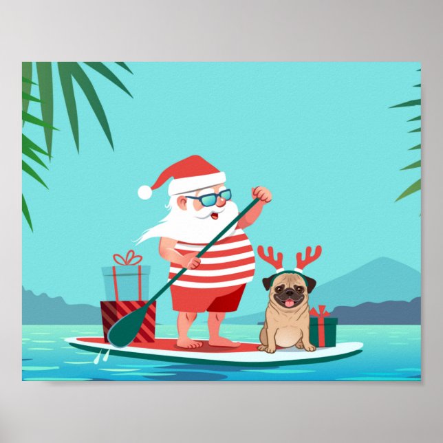 Póster Papá Noel y su pug en una tabla de surf (Frente)