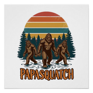 Póster Papasquatch Bigfoot Diseño Vectorial Puesta de Sol