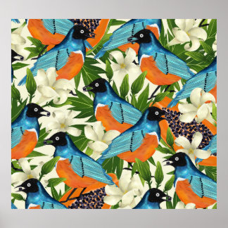 Póster Papaya tropical y patrón de aves.