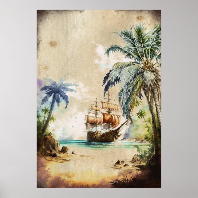 Póster Papel antiguo de la palma de los buques piratas de (Frente)