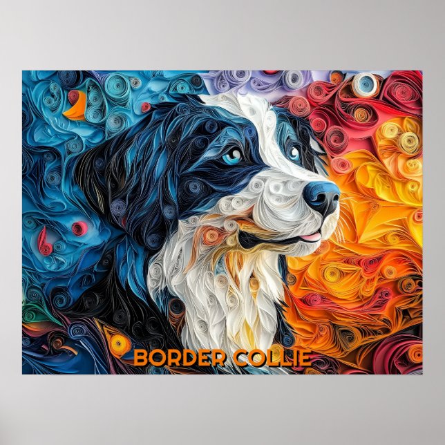 Póster Papel collie en la frontera que quema retrato de p (Frente)