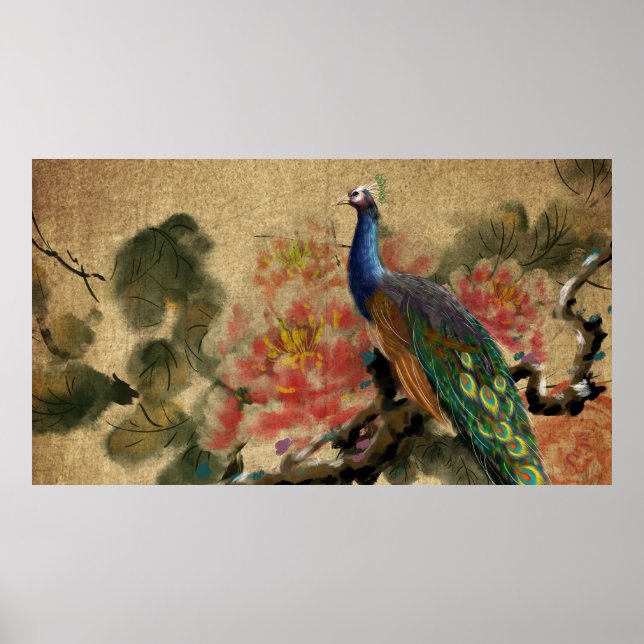 Póster Papel de arroz de Peony Vieja Peacock (Frente)
