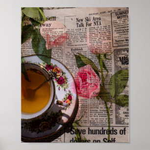 Póster Papel de carta antiguo de té y rosas rosadas