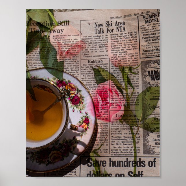 Póster Papel de carta antiguo de té y rosas rosadas (Frente)