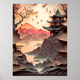Póster Papel de la escena china primió a Poster marrón