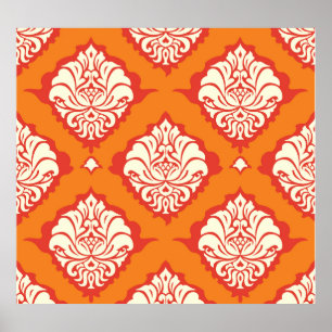 Póster Papel de paredes de damasco naranja: sin costuras 