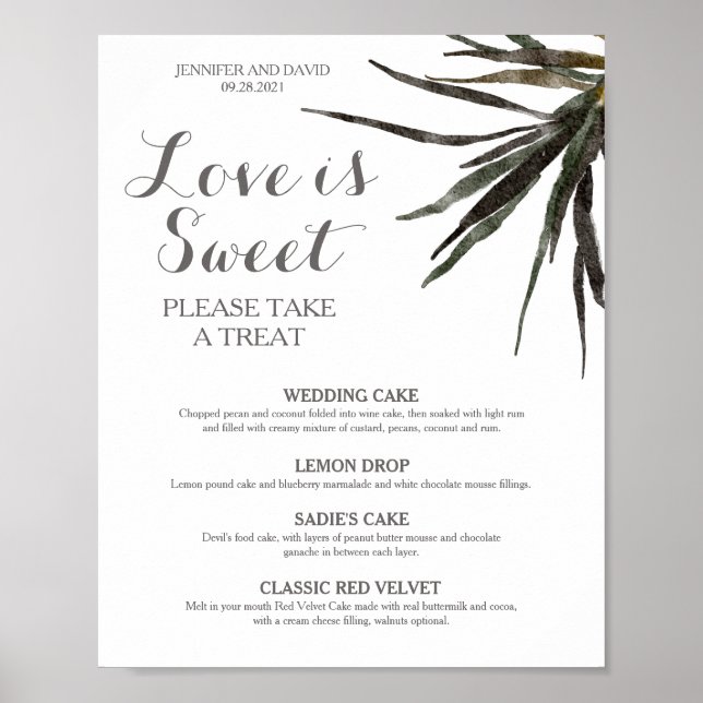 Póster Papel de Poster del menú de postres Boda tropical (Frente)
