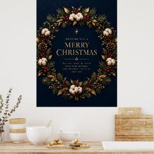 Póster Papel de regalo de Navidad Corona Dorada Azul Mari