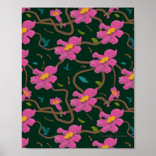 Póster Papel diseño botanico flores colibri