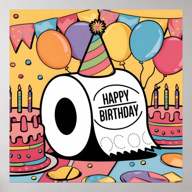 Póster Papel higiénico con globos gorras de cumpleaños (Frente)