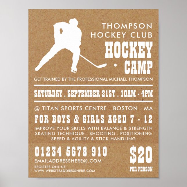 Póster Papel Kraft, publicidad de campamento de hockey (Frente)