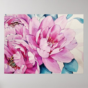 Póster Papel Poster de color de agua floral de peonés ros