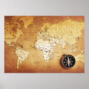 Póster Papel Poster de valores de brújula y mapa (mate)