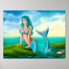 Póster Papel poster Fantasía hermosa sirena en el mar