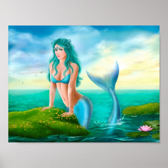 Póster Papel poster Fantasía hermosa sirena en el mar (Frente)
