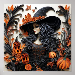 Póster Papel Quilling Halloween bruja estampada