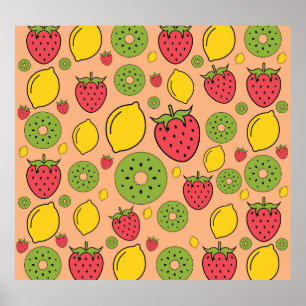 Póster Papel tapiz de la fruta: fresas, limones, kiwis.