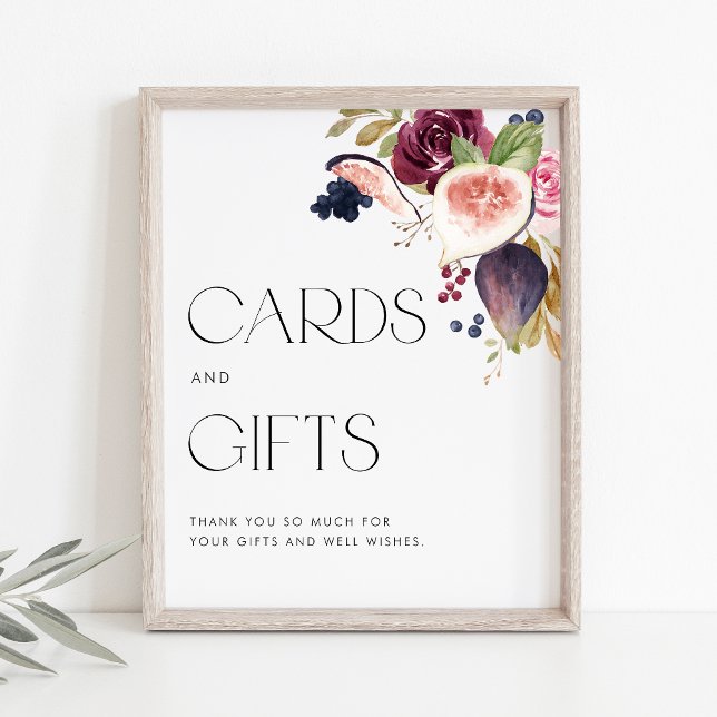 Póster Papeles y tarjetas de bodas y regalos con flores d (Watercolor cards and gifts sign with watercolor figs, berries and flowers. Perfect for fall events.)