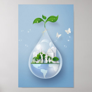Póster Papercut City Water Drop Earth Day Conservation