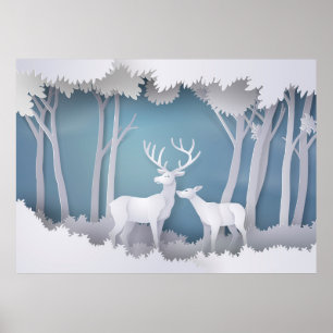 Póster Papercut Deer in Forest