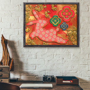 Póster Papercut Flowers Red Gold Rabbit Chinese New Year