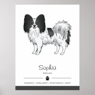 Póster Papillon blanco y negro perro lindo con texto pers