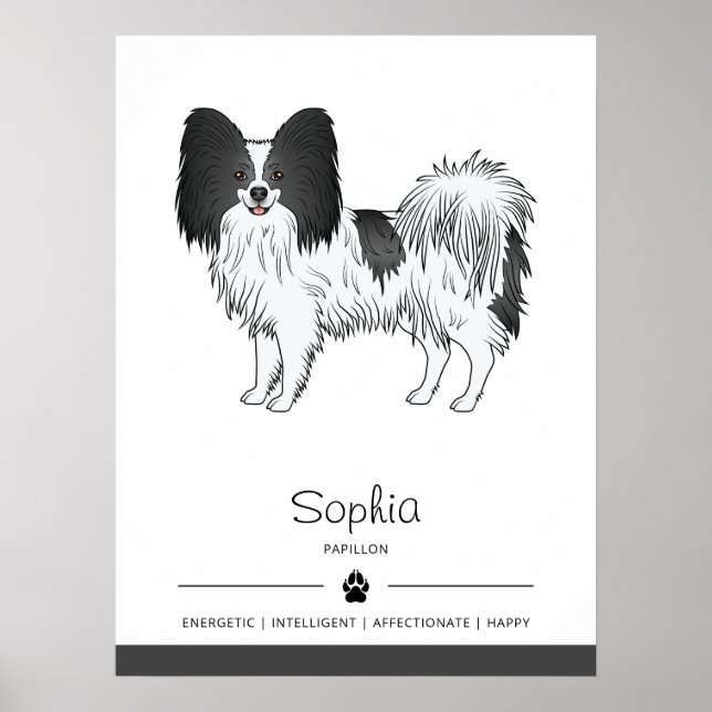 Póster Papillon blanco y negro perro lindo con texto pers (Frente)