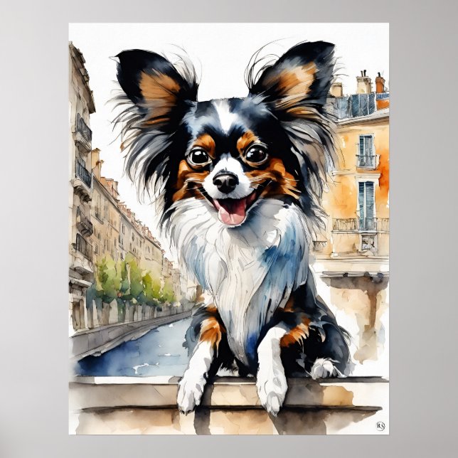 Póster Papillon - Dibujo de Perro (Frente)
