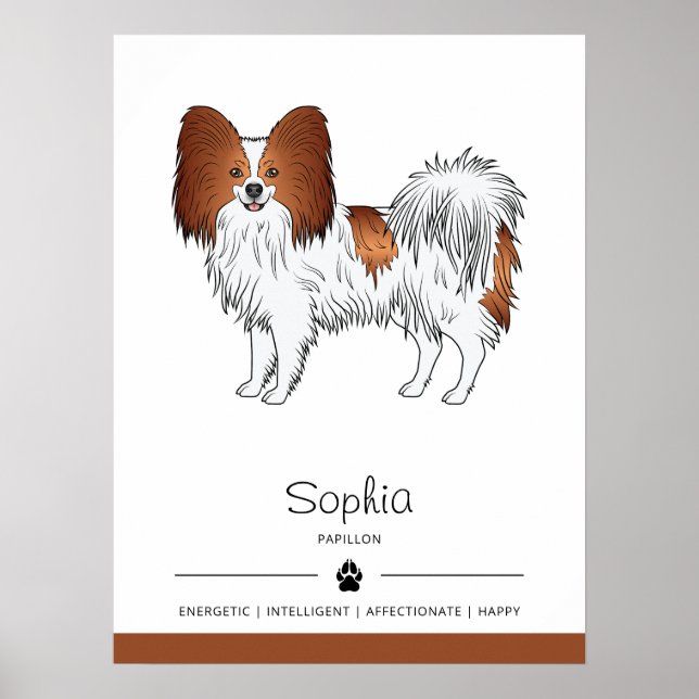 Póster Papillon Rojo Y Blanco Perro Lindo Con Texto Perso (Frente)