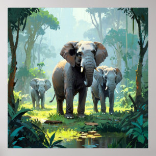 Póster Paquete de elefantes únicos en pintura de vida sil