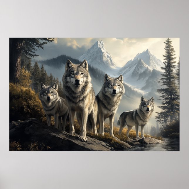 Póster Paquete Wolf en el paisaje montañoso (Frente)