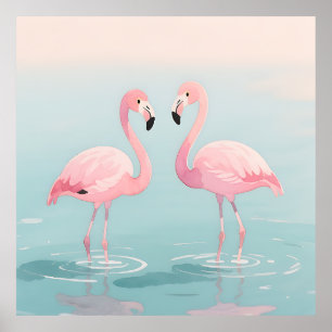 Póster Par de Flamencos Rosados Acuarela Serenidad