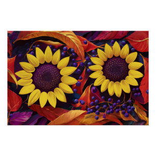 Póster Par de girasol morado, hojas de otoño alegres
